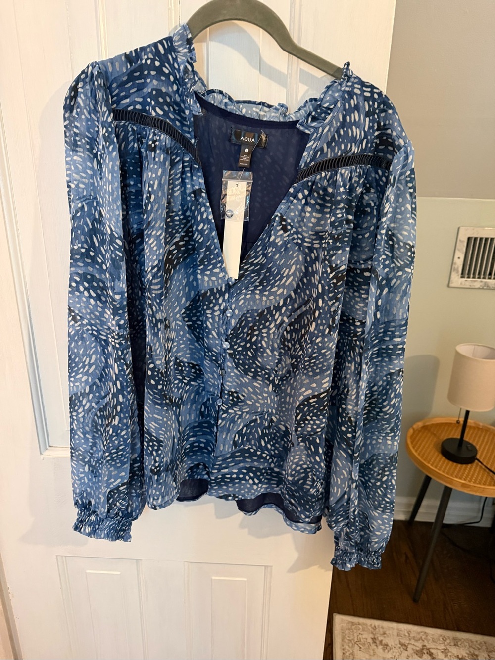 Aqua Navy and Light Blue Printed V-Neck Blouse